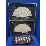 TWO MOUNTED, CASED AND GLAZED VICTORIAN FANS
