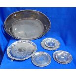 A COLLECTION OF SILVER PLATED TRAYS AND SALVERS