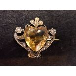 A CITRINE AND SEED PEARL HEART SHAPED BROOCH