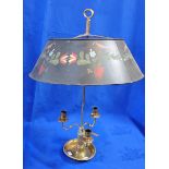 A BRASS THREE-LIGHT CANDLE LAMP WITH PAINTED TOLE SHADE