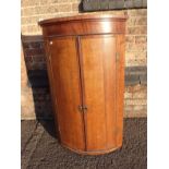 A 19TH CENTURY BOWFRONT OAK HANGING CORNER CUPBOARD