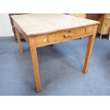 A UTILITY TYPE KITCHEN TABLE, WITH SCRUBBED PINE TOP