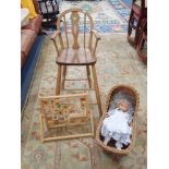 A WINDSOR STYLE CHILD'S HIGH CHAIR, A WICKER DOLL'S CRADLE