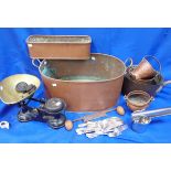 A COLLECTION OF COPPER PANS, A SET OF SCALES