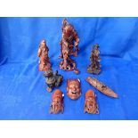 THREE JAPANESE CARVED WOODEN MASKS, AND OTHER CARVINGS