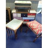 A REPRODUCTION 'X'FRAME STOOL, A CHEST WITH MULTI COLOURED DRAWERS