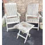 A PAIR OF LINDSEY TEAK GARDEN ARMCHAIRS AND MATCHING TABLE