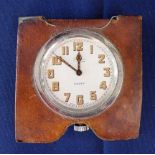 MAPPIN TRAVEL CLOCK, BROWN LEATHER SURROUND (FROM A VANITY CASE)