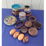 FOUR CLOISONNE POTS, CHINESE HARDWOOD STANDS