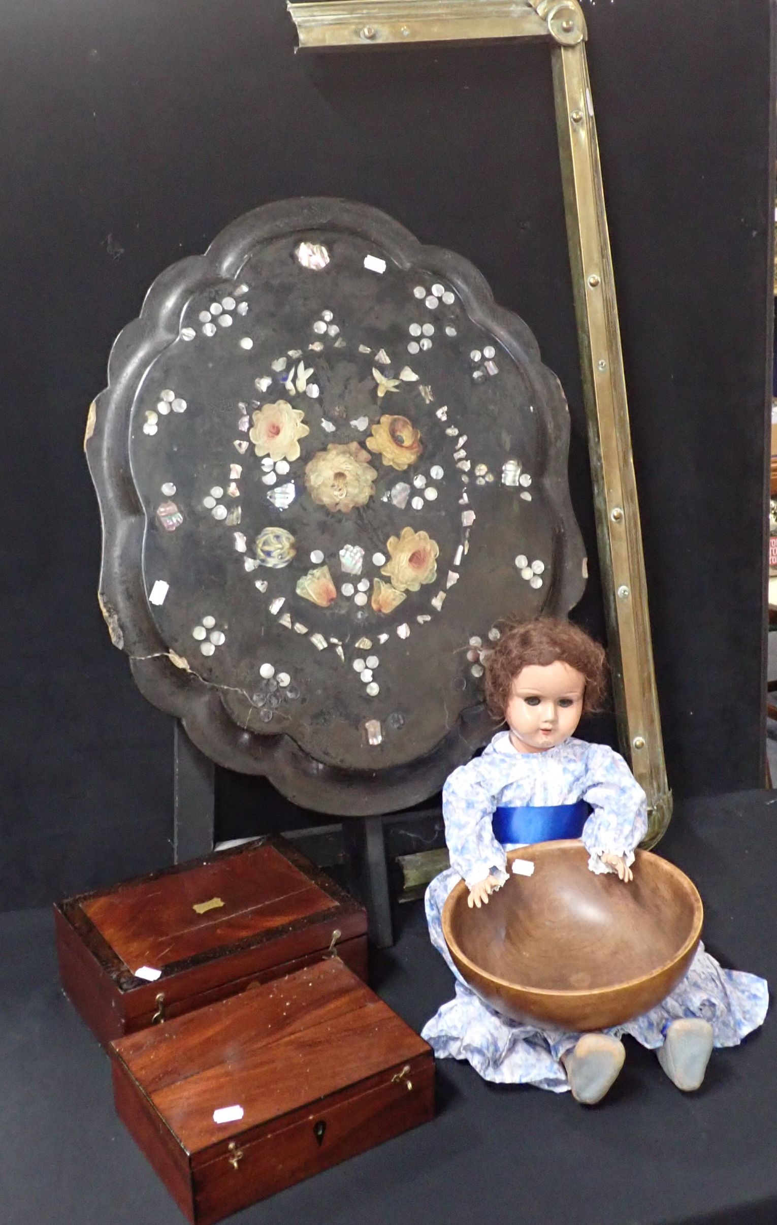 TWO 19TH CENTURY MAHOGANY BOXES, A PAPIER-MACHE TRAY