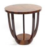 Circular Art Deco design walnut effect occasional table with under tier, 61cm high x 59.5cm in