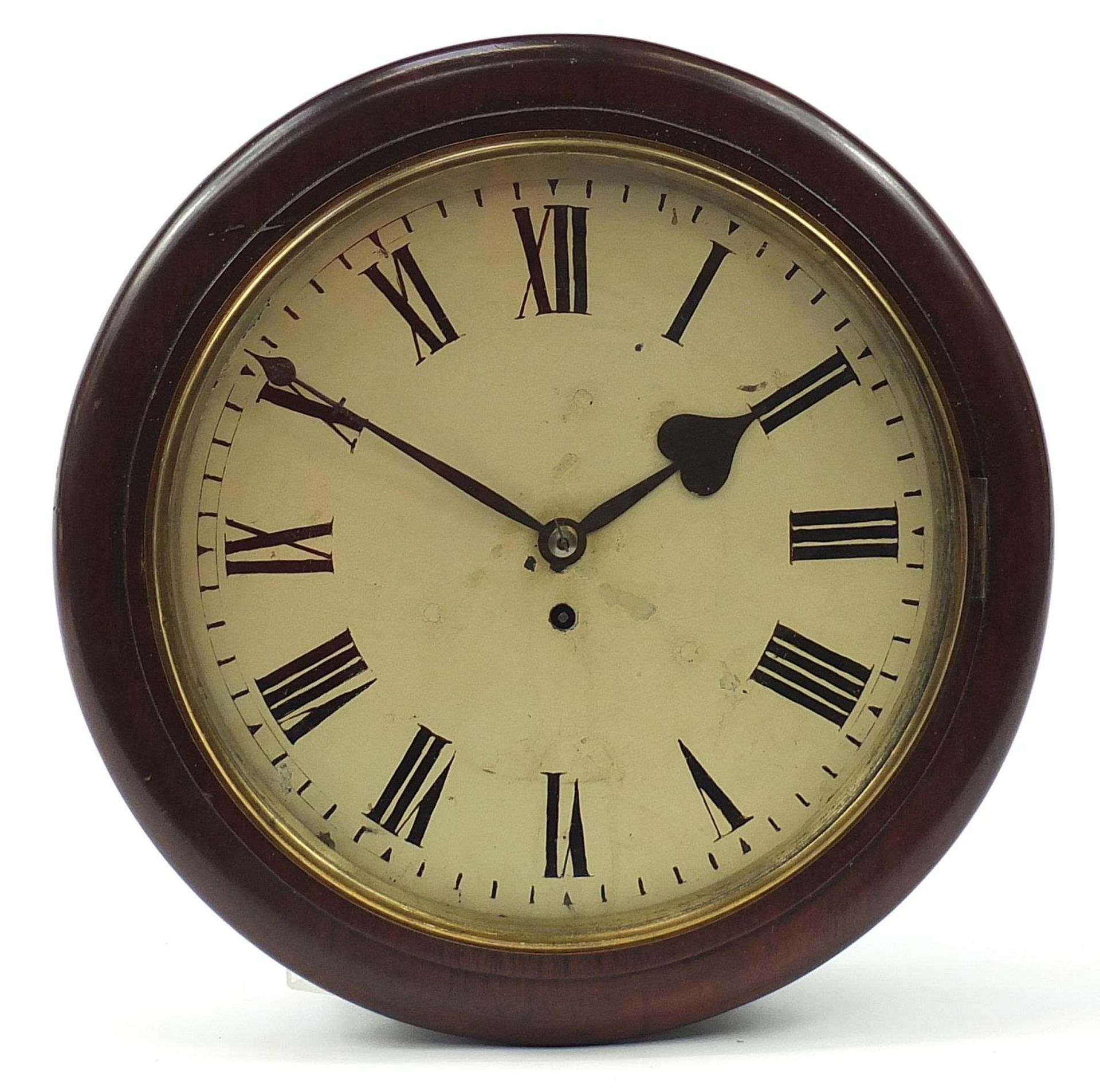 Victorian mahogany fusee wall clock with Roman numerals, 38.5cm in diameter The clock winds and is
