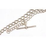 Graduated silver watch chain with T bar, 40cm in length, 43.4g