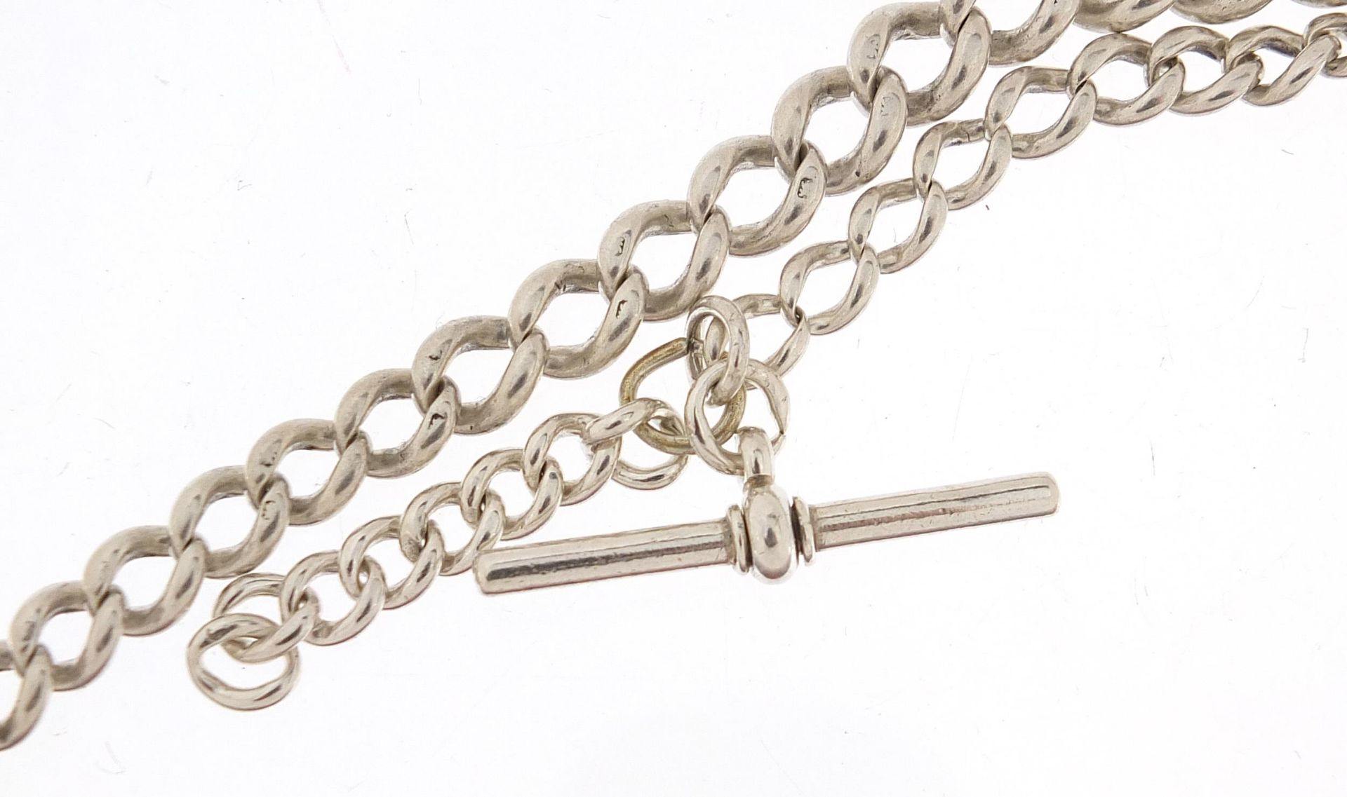 Graduated silver watch chain with T bar, 40cm in length, 43.4g