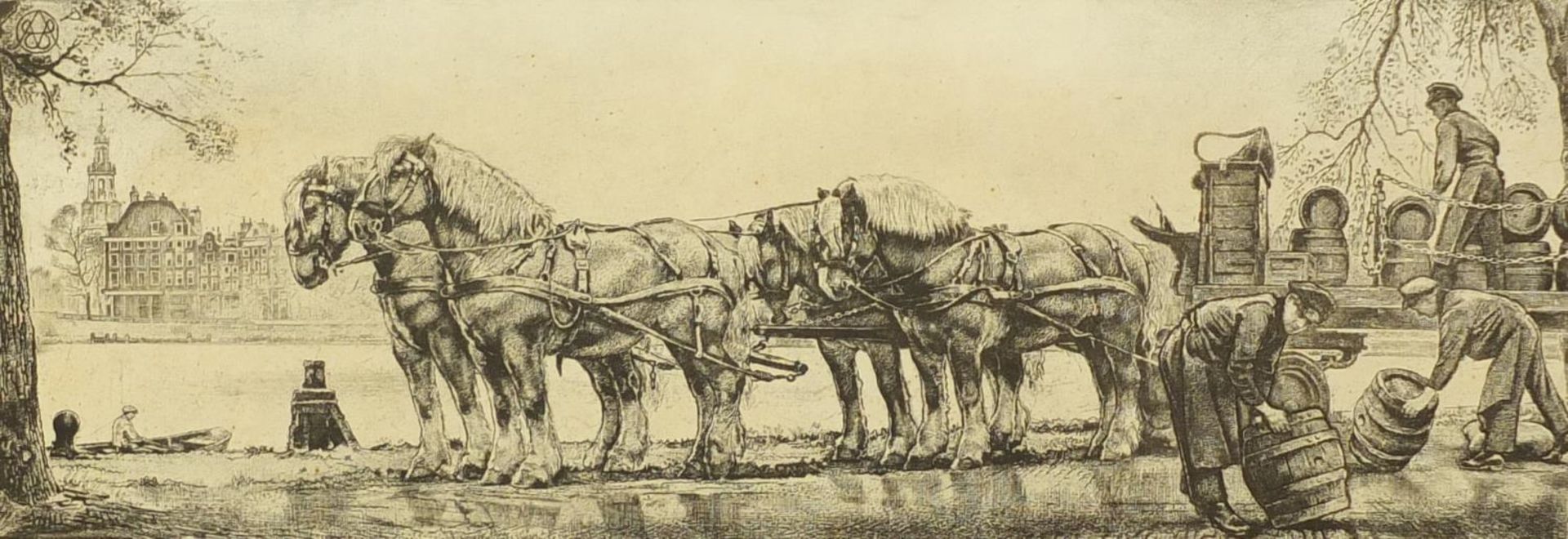 WG Hofker - Draymen unloading horse and cart before canal, Continental etching in white painted