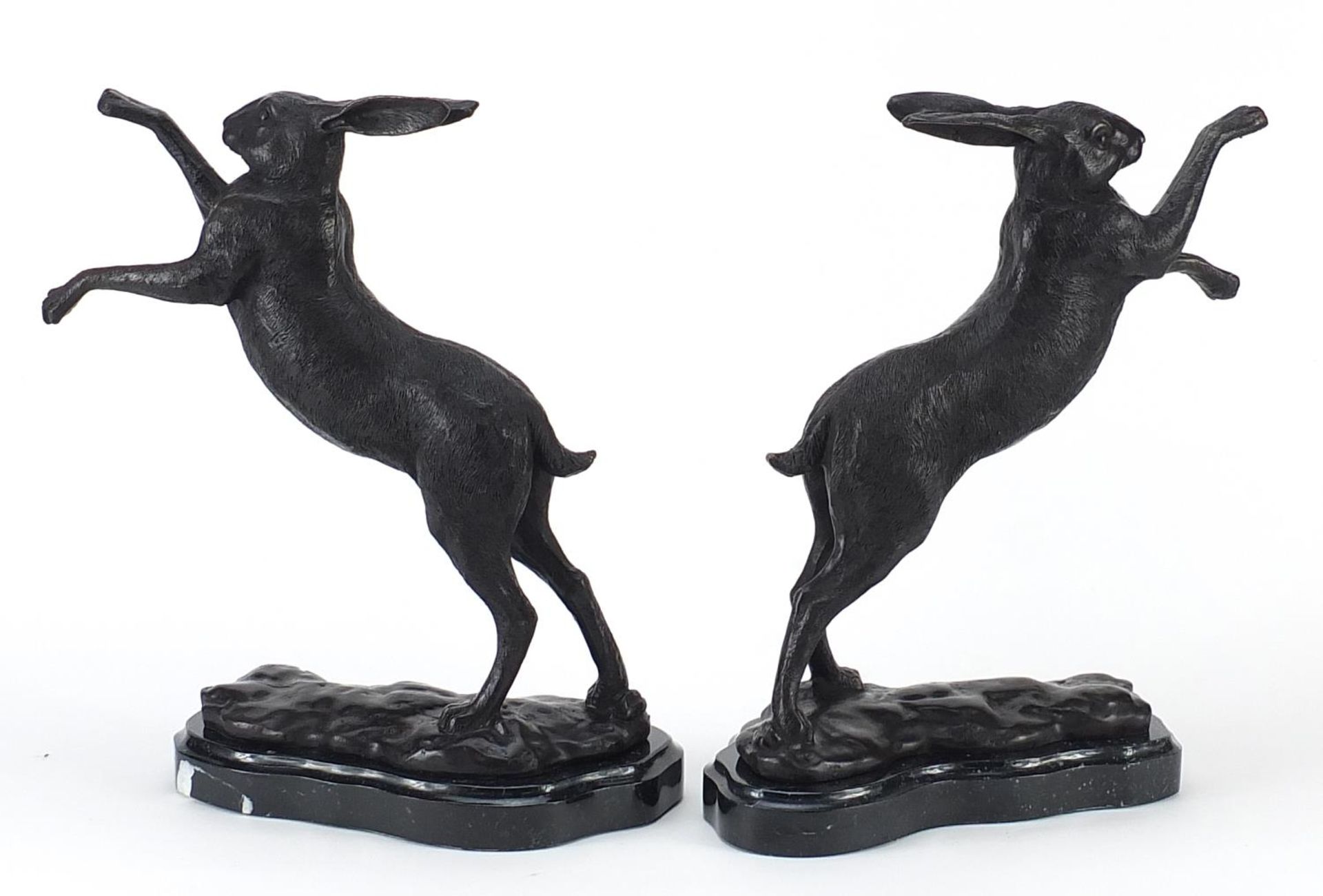 Pair of patinated bronze boxing hares raised on shaped marble bases, 29cm high Overall in - Image 2 of 3