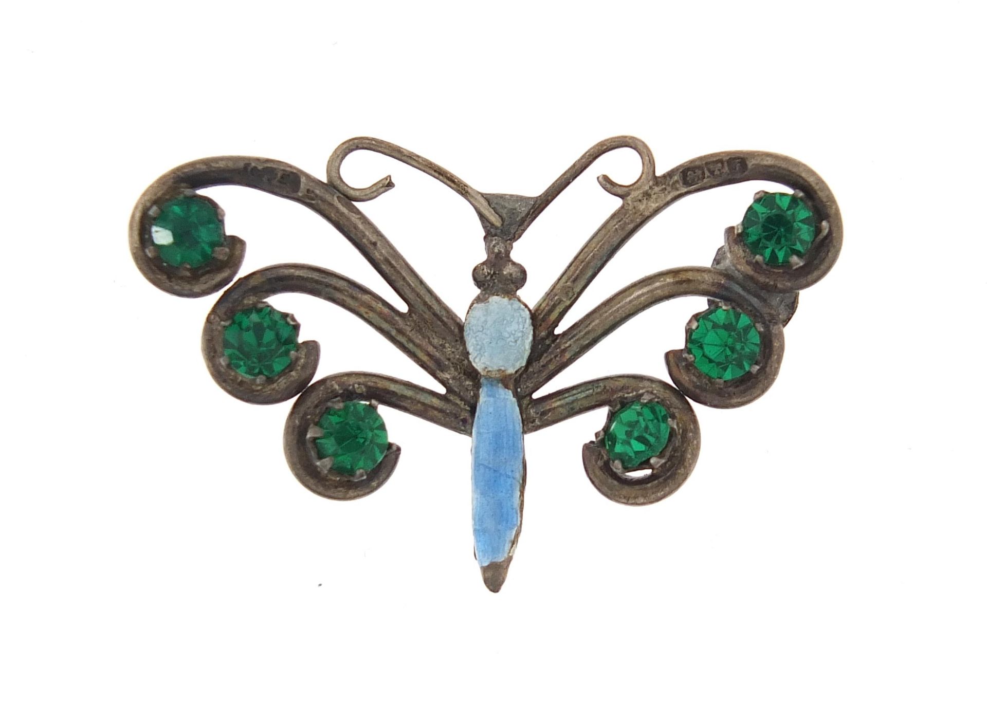 Charles Horner, Art Nouveau silver and enamel butterfly pendant set with green stones, 3cm wide, 3.