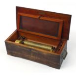 19th century inlaid Swiss music box with 8.25" brass cylinder and carrying handles, 14cm H x 41cm