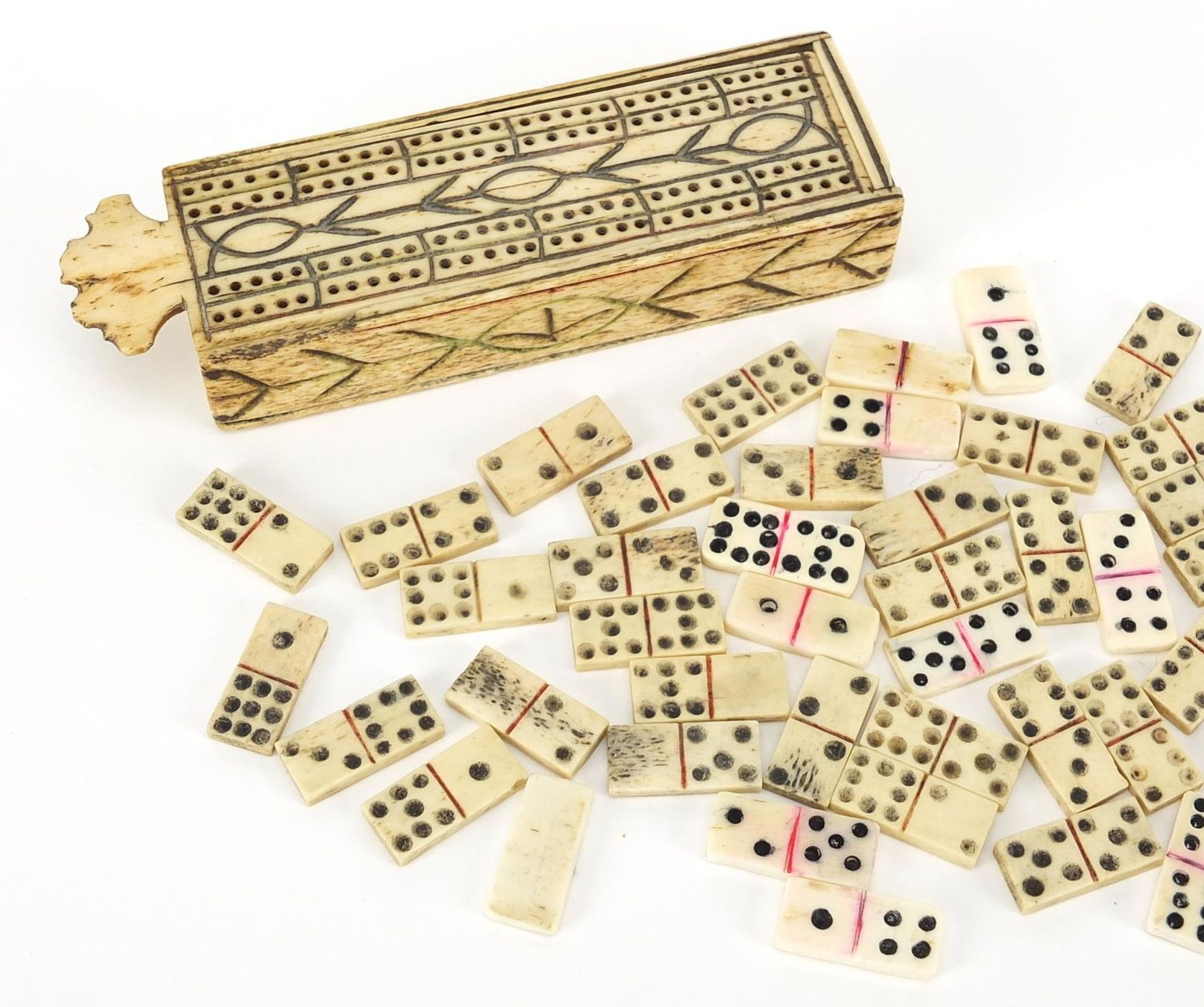 Antique prisoner of war bone dominoes housed in a cribbage board with slide lid, 13cm wide There are - Image 2 of 4
