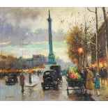 Parisian street scene with figures and cars, French school oil on board, framed, 52cm x 44cm