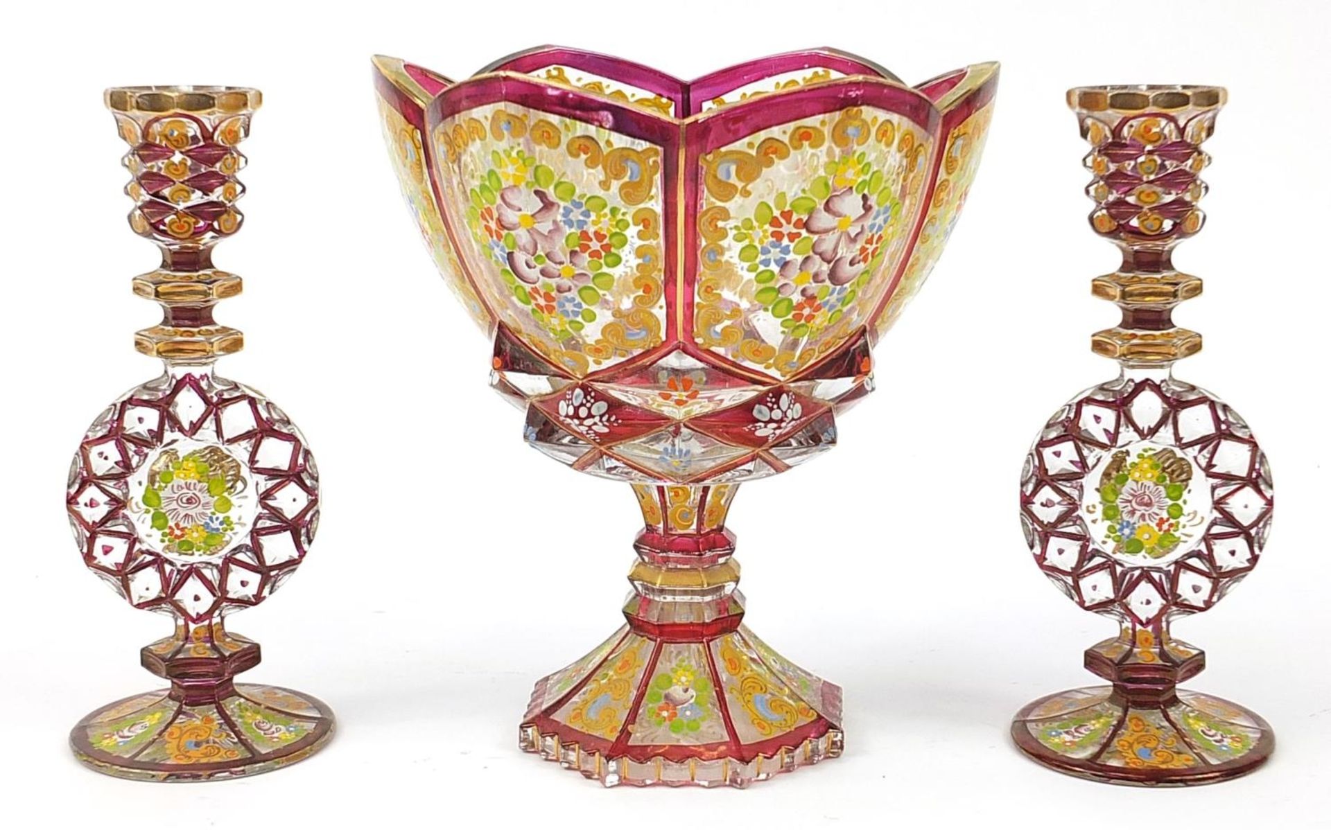 Attributed to Moser, Bohemian ruby flashed glass three piece garniture comprising centre bowl and - Image 2 of 3
