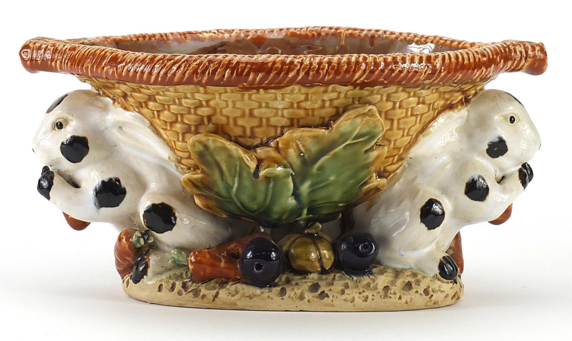 Majolica style pottery rabbit fruit bowl, 29cm wide