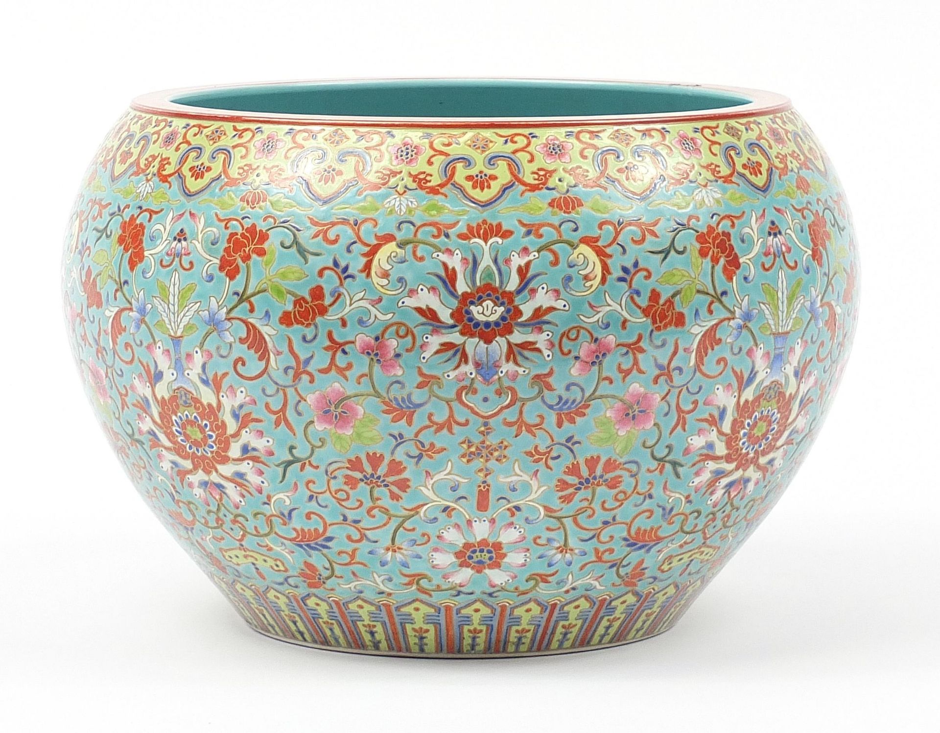 Large Chinese turquoise ground jardiniere finely hand painted in the famille rose palette with - Image 2 of 3