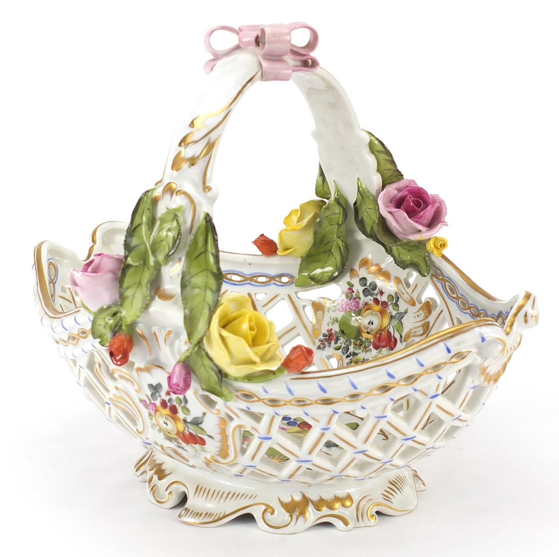 Herend, Hungarian porcelain floral encrusted pierced basket hand painted with flowers and fruit,