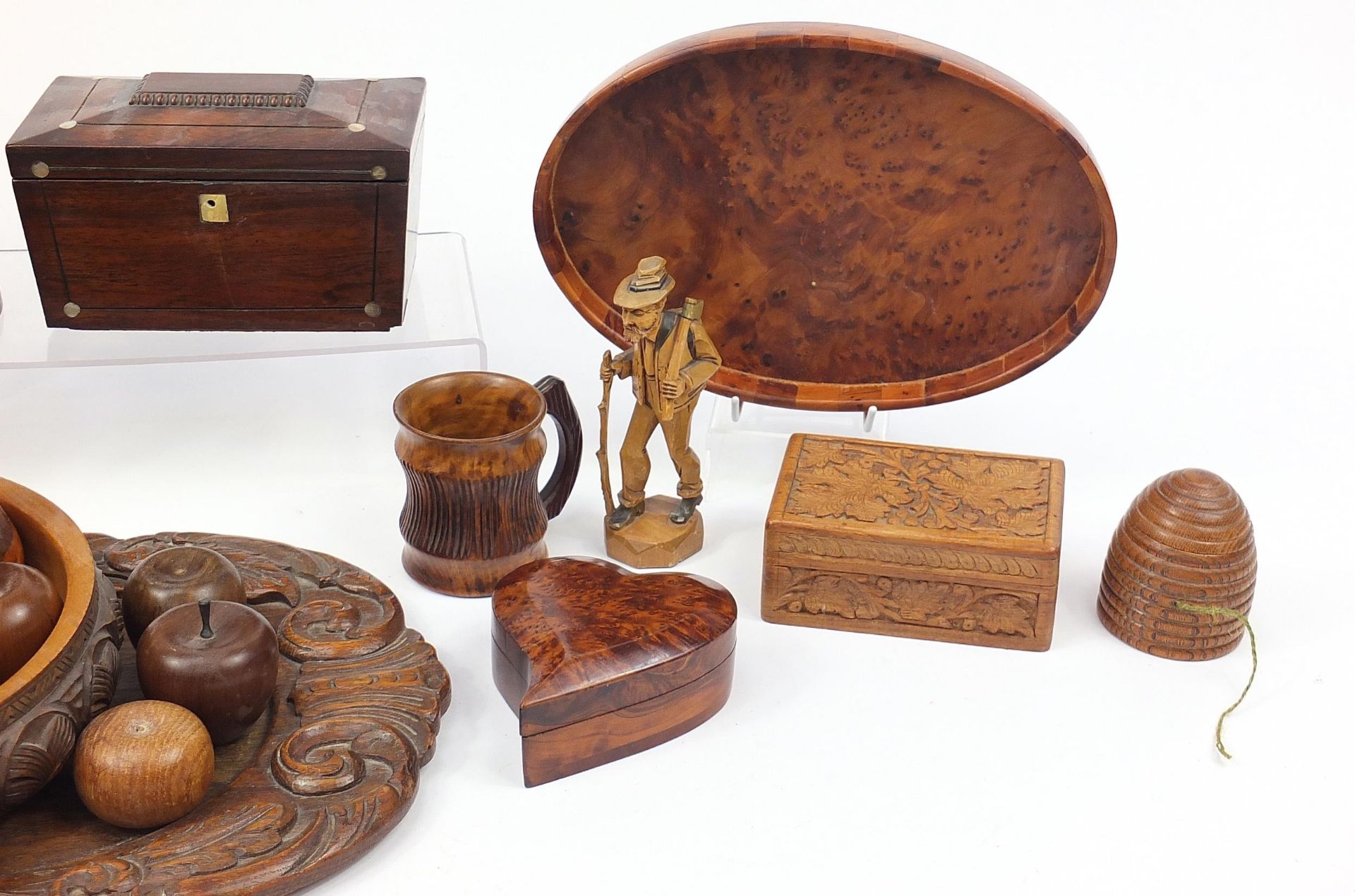 Woodenware including a Victorian rosewood tea caddy with twin divisional interior, carved fruit, - Image 4 of 4