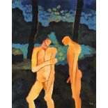 Two nude males, Modern British school oil on canvas, mounted and framed, 51cm x 40cm excluding the
