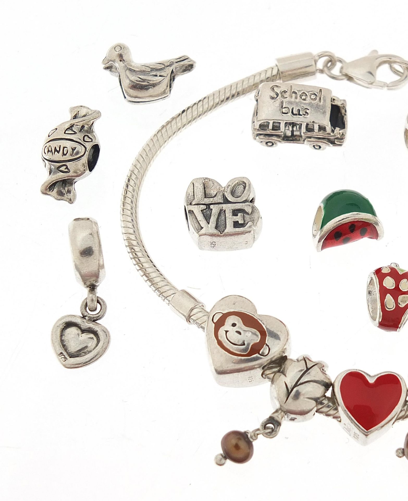 Pandora design Silver charm bracelet with a selection of silver charms, some enamel, the bracelet - Bild 2 aus 3
