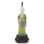 Chinese porcelain figural table lamp raised on hardwood stand, hand painted in the famille rose