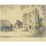 Anthony Hill - Wilmington Priory, pencil signed etching, mounted, framed and glazed, 20cm x 16.5cm