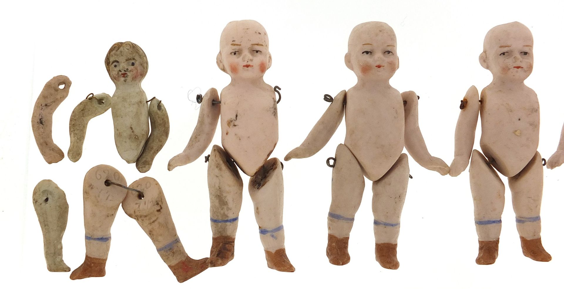 Six miniature German bisque dolls with jointed limbs, each 7cm high - Image 2 of 4