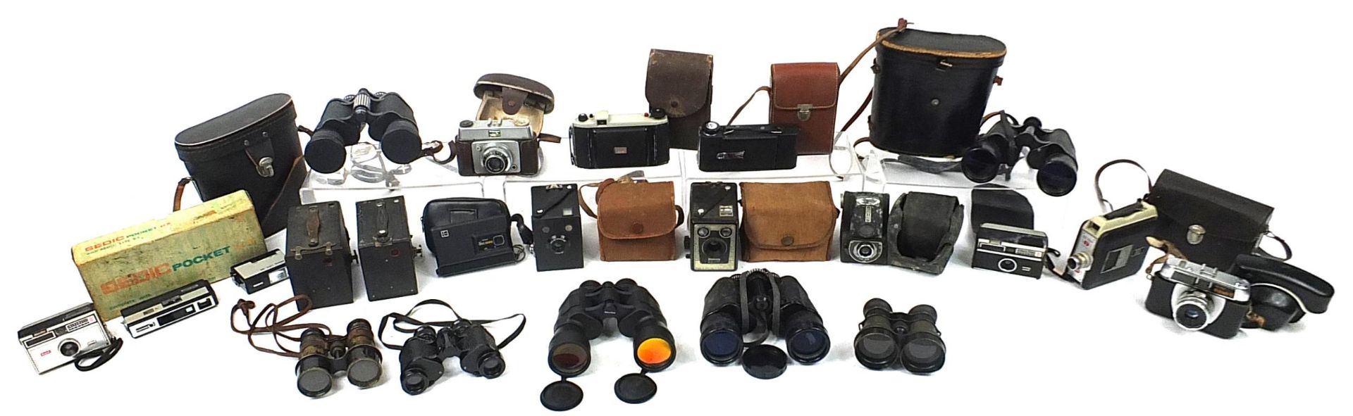 Vintage and later cameras and binoculars including Kodak and Barr & Stroud