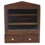 Mahogany wall cupboard with glazed door and two base drawers, 61cm H x 52cm W x 27cm D