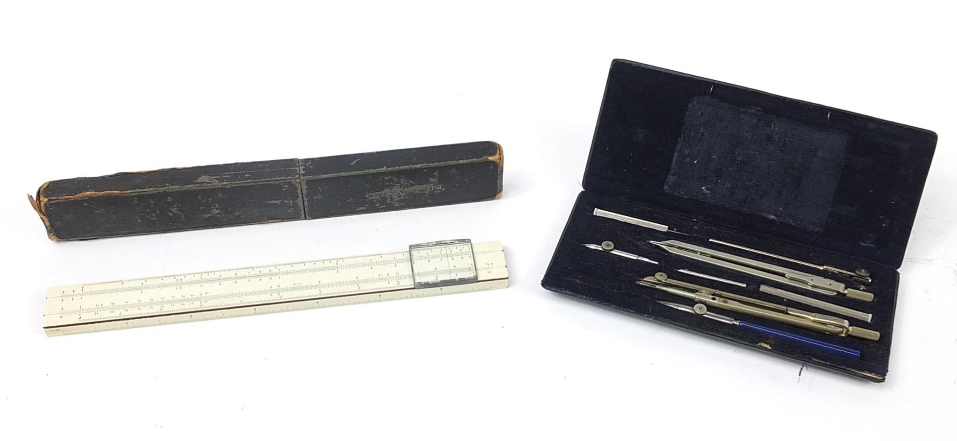 German military interest drawing set and slide rule with case from Eigentum der Marineschule,