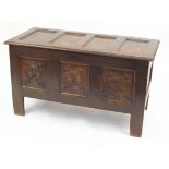 Antique oak three panel coffer, 68.5cm H x 123cm W x 55cm D