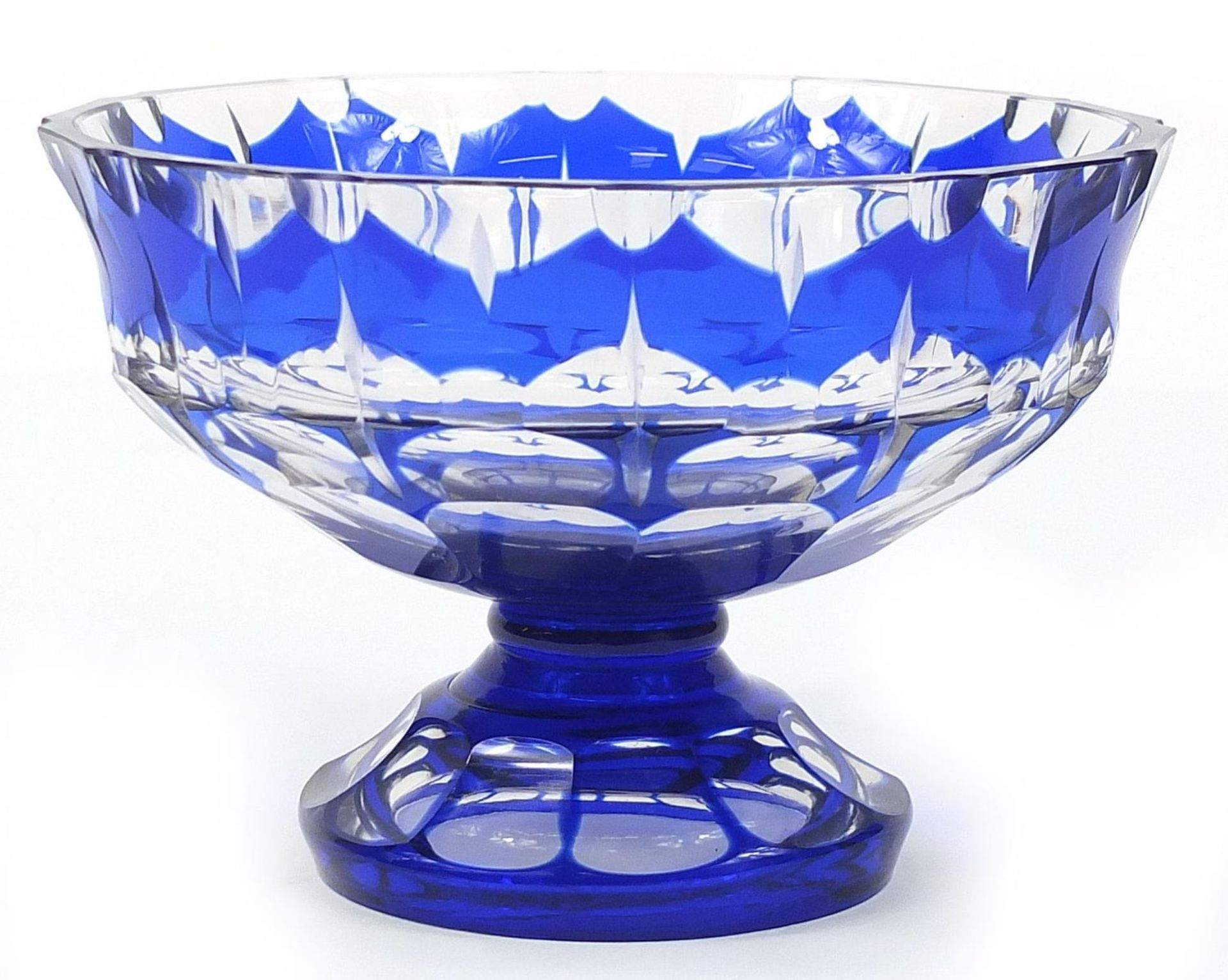 Attributed to Moser, Bohemian blue overlaid glass pedestal bowl, 11cm high x 16cm in diameter