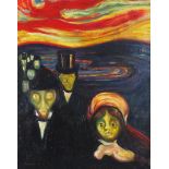 After Edvard Munch - Anxiety, surreal oil on board, mounted and framed, 49cm x 39cm excluding the