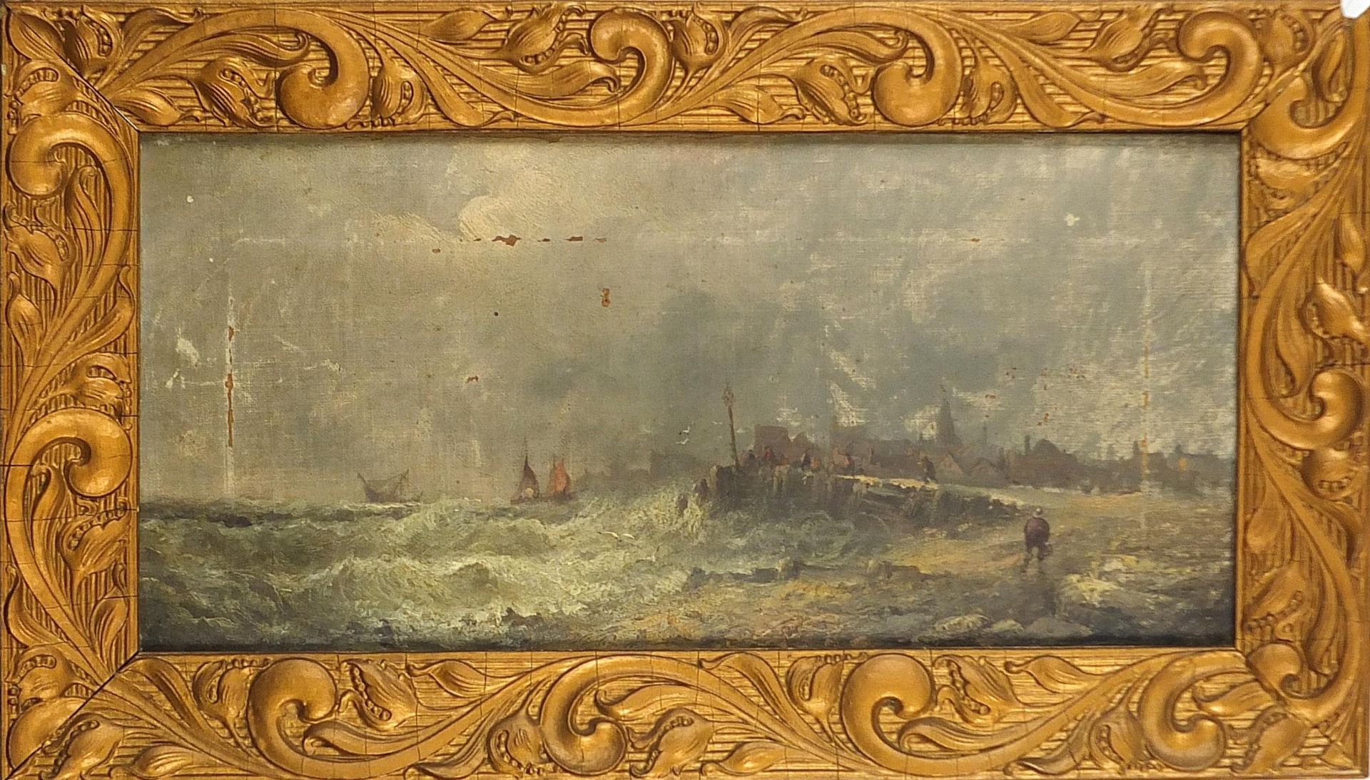 Moored boats and boats beside a port, pair of Dutch 19th century oil on canvases, each - Image 3 of 8