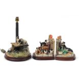 Pair of Border Fine Arts Border Collie bookends titled Not a Moment's Rest and a table lamp by Ray