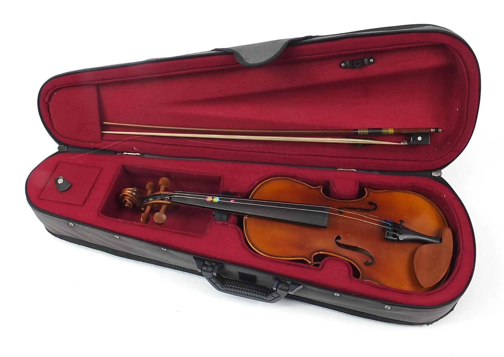 Child's violin with bow and case with Sandner paper label, the back 32cm in length - Image 4 of 4