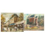 Parisian street scenes with figures, two French school oil on boards, each mounted and framed, the