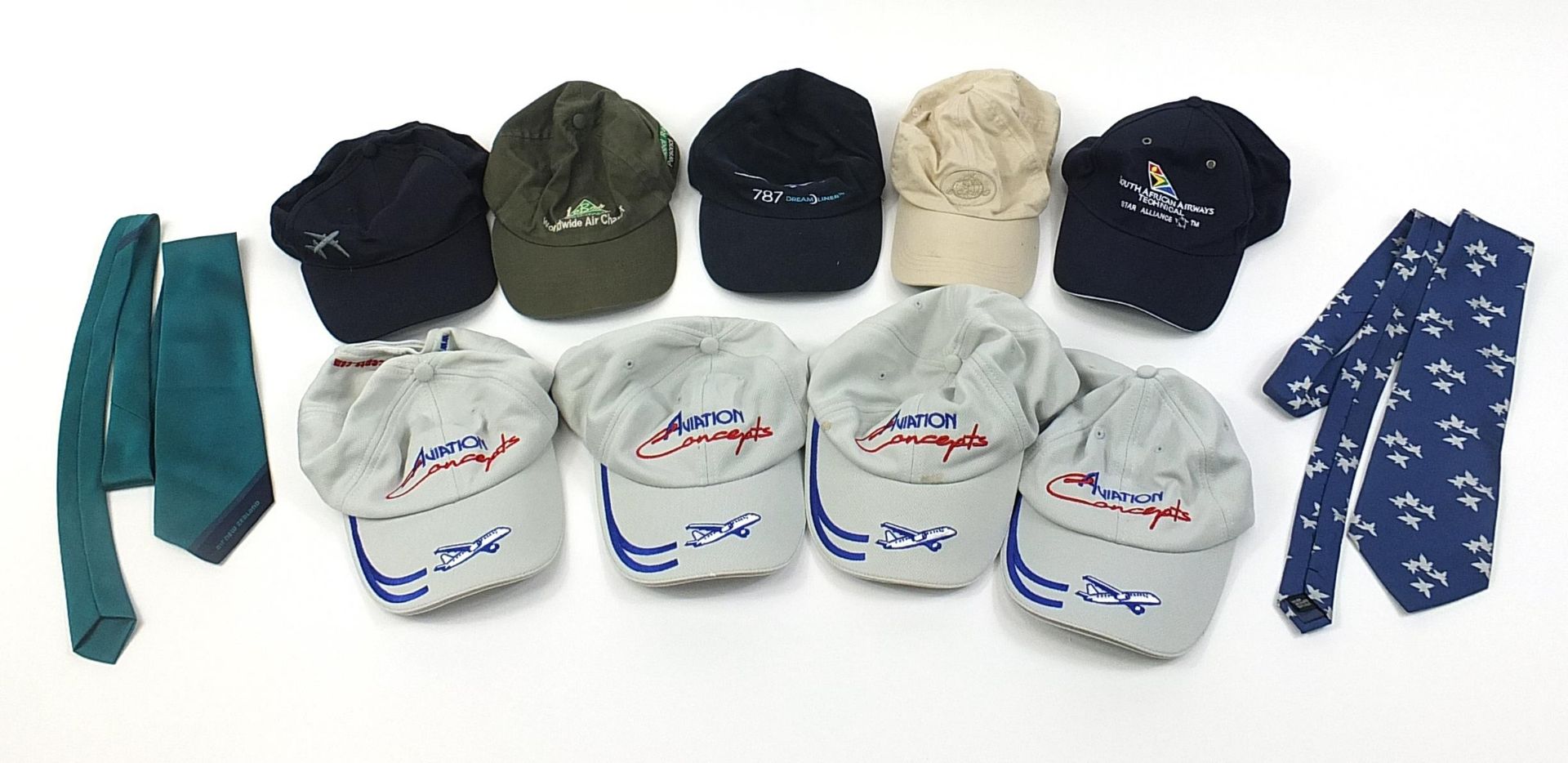 Collection of aviation interest baseball caps and ties including Boeing