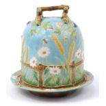 George Jones for Crescent, Victorian Majolica cheese dome on stand hand painted with insects and