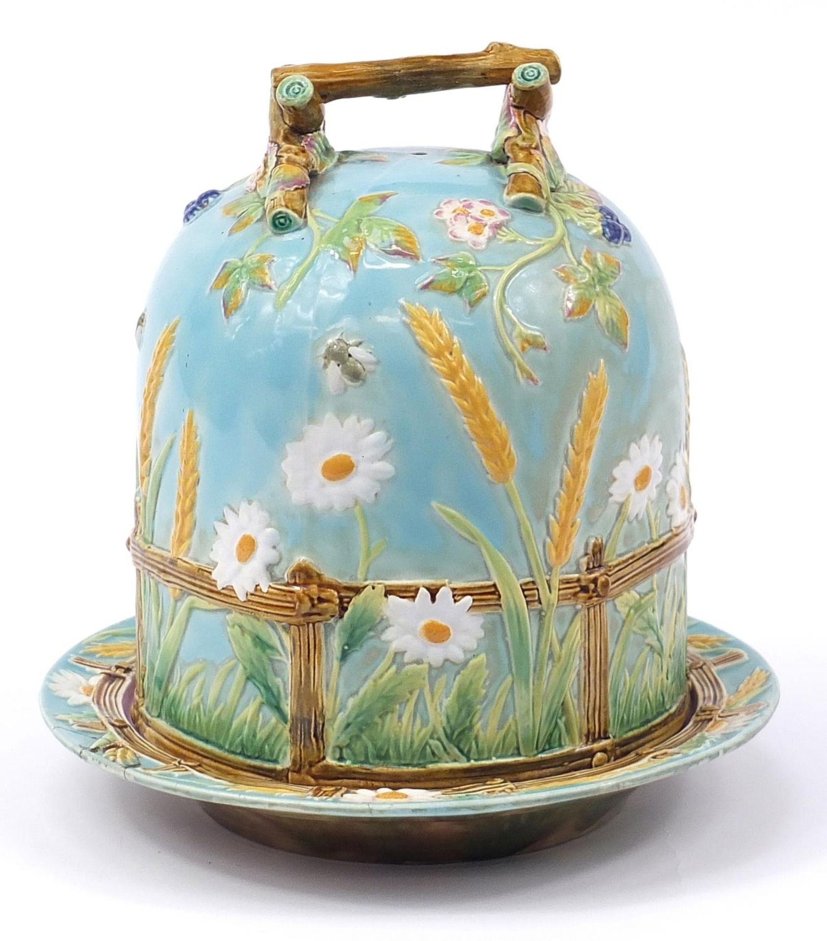 George Jones for Crescent, Victorian Majolica cheese dome on stand hand painted with insects and