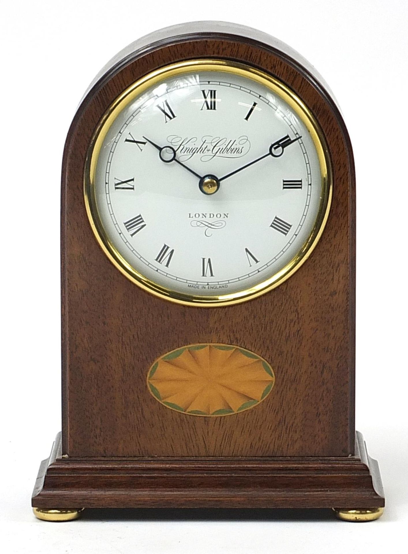 Knight & Gibbins of London, inlaid mahogany dome top mantle clock with circular dial having Roman