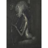 Simon Okeke 1963 - Three nude females, Nigerian mixed media, mounted, framed and glazed, 37cm x 27cm