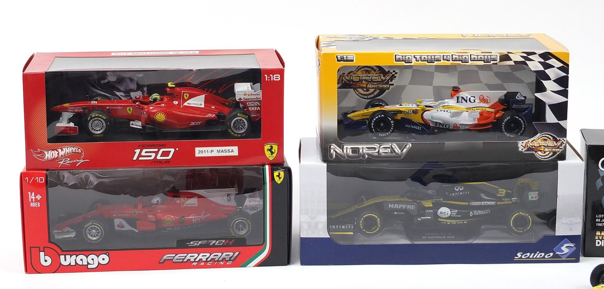 Five 1/18th scale F1 racing vehicles including Sebastian Vettel Virago and Hot Wheels racing - Image 2 of 3